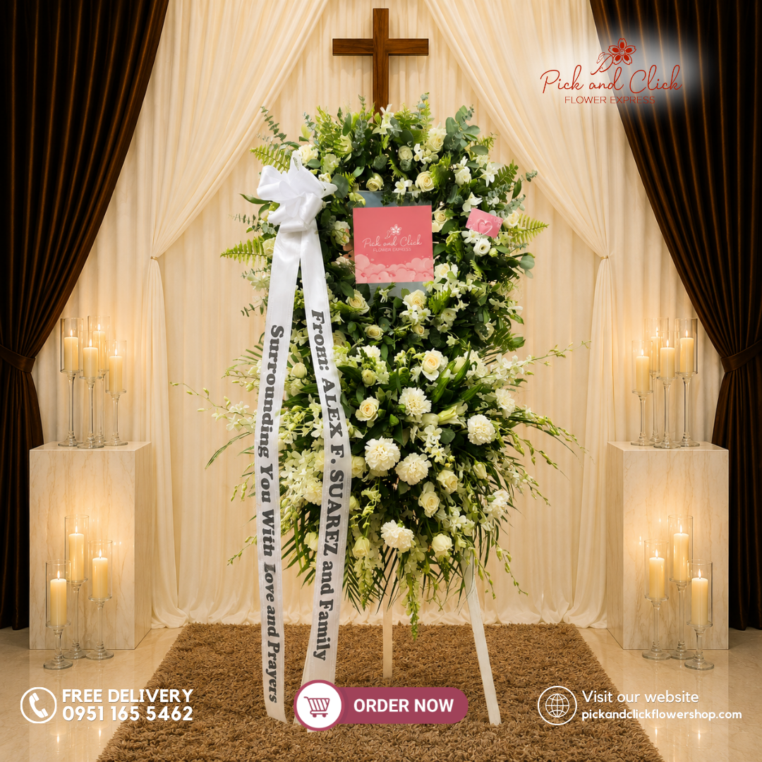 Divine Comfort Funeral Stand featuring Imported White Roses, White Lisianthus, White Carnations, White Stargazers, Orchids, Eucalyptus, Palmera, Silver Dollar Leaves, and Pako Leaves in an elegant funeral tribute in the Philippines.