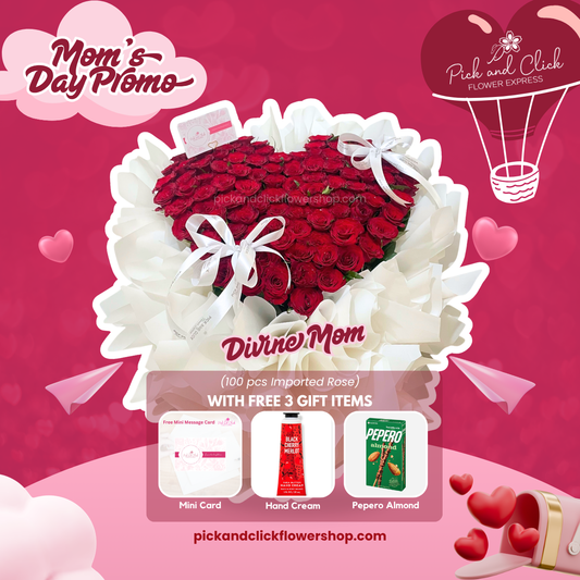 Divine Mom Bouquet featuring 100 imported fresh red roses in a grand and luxurious arrangement, a premium Mother’s Day flower gift set with free mini card, hand cream, and Pepero Almond, perfect for expressing ultimate love and appreciation for mom in the Philippines.