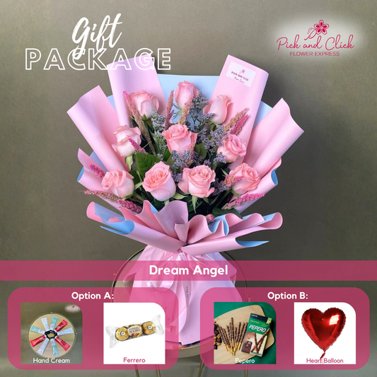 Dream Angel bouquet featuring 10 light pink roses, misty blue, and pink sprayed trigo arranged in an elegant gift package with optional add ons.