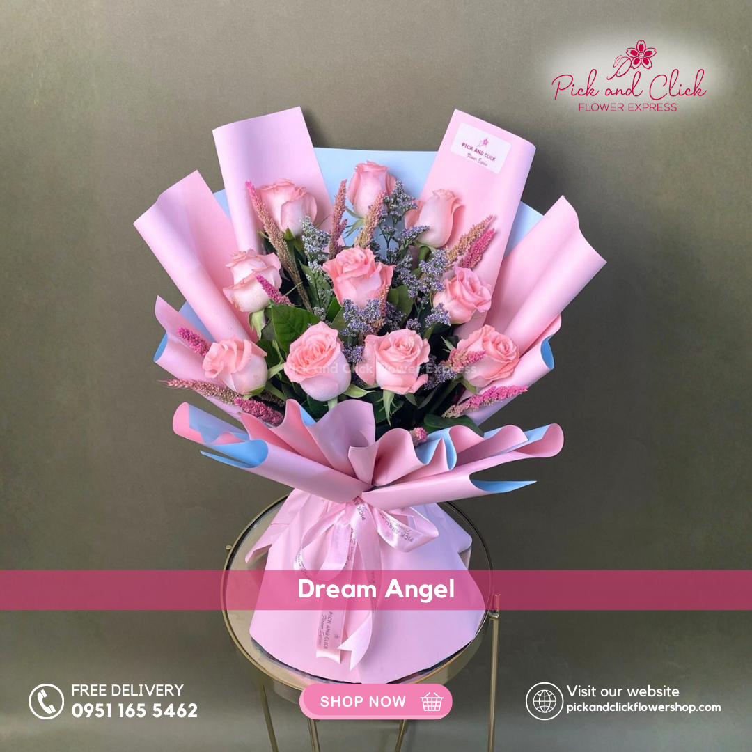 Dream Angel Bouquet featuring 10 pink roses, misty blue, pink-sprayed trigo, and rosal — an elegant pastel hand bouquet with Korean-style wrapping, perfect for romantic occasions and luxury flower gifting.