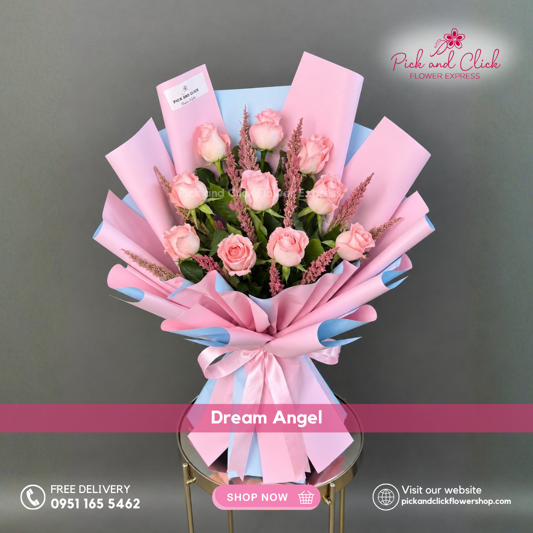 Dream Angel Bouquet featuring pink roses, pink sprayed trigo, and rosal, a soft and dreamy floral arrangement perfect for romantic gifts, birthdays, anniversaries, and special occasions in the Philippines.
