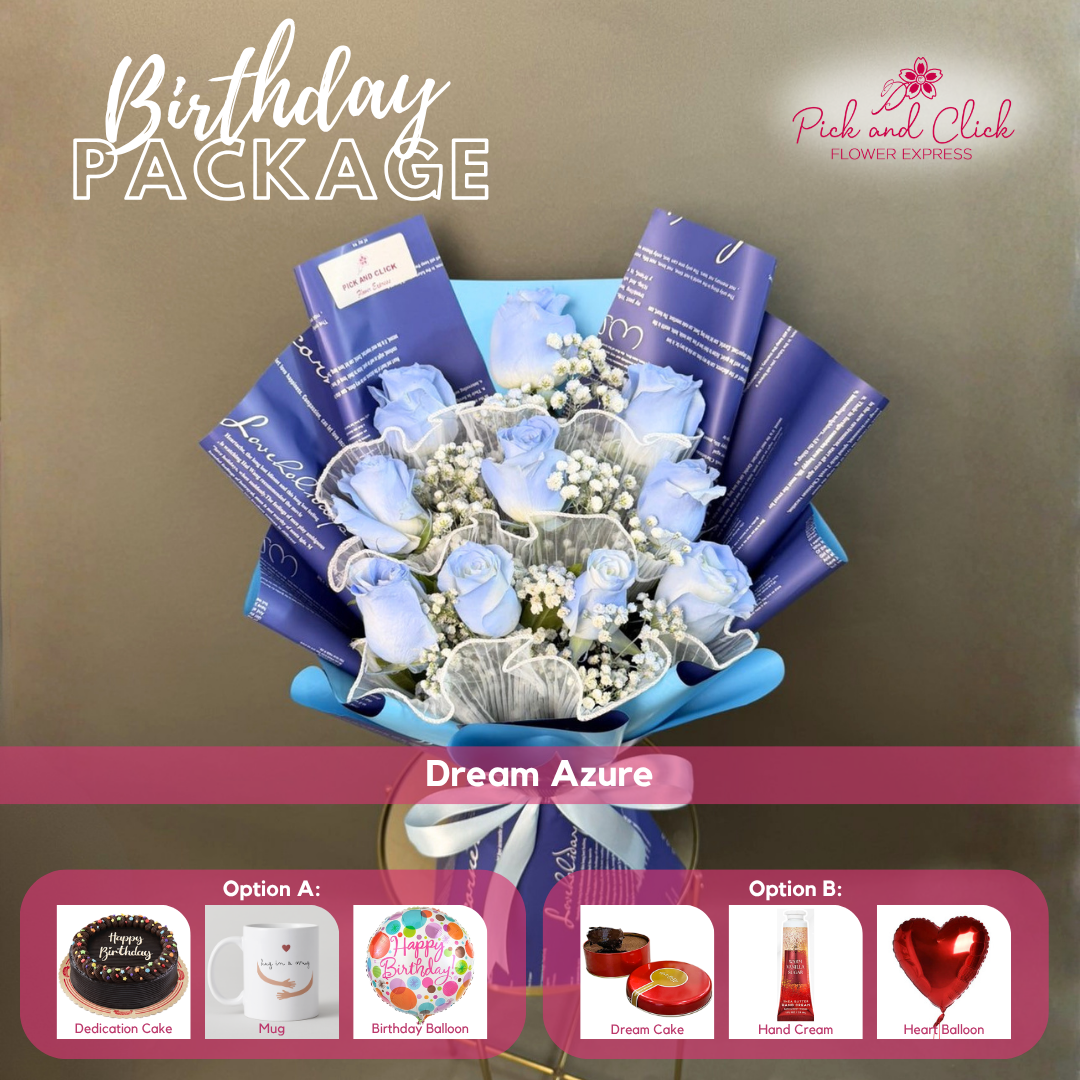 Dream Azure Birthday Package featuring 10 light blue-sprayed white roses with gypsophila, paired with your choice of a Dedication Round Cake or Dream Cake, mug, hand cream, and balloon gift set.