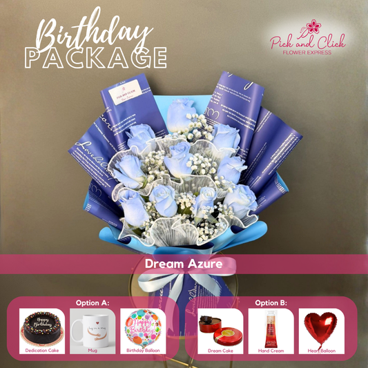 Dream Azure Birthday Package featuring 10 light blue-sprayed white roses with gypsophila, paired with your choice of a Dedication Round Cake or Dream Cake, mug, hand cream, and balloon gift set.