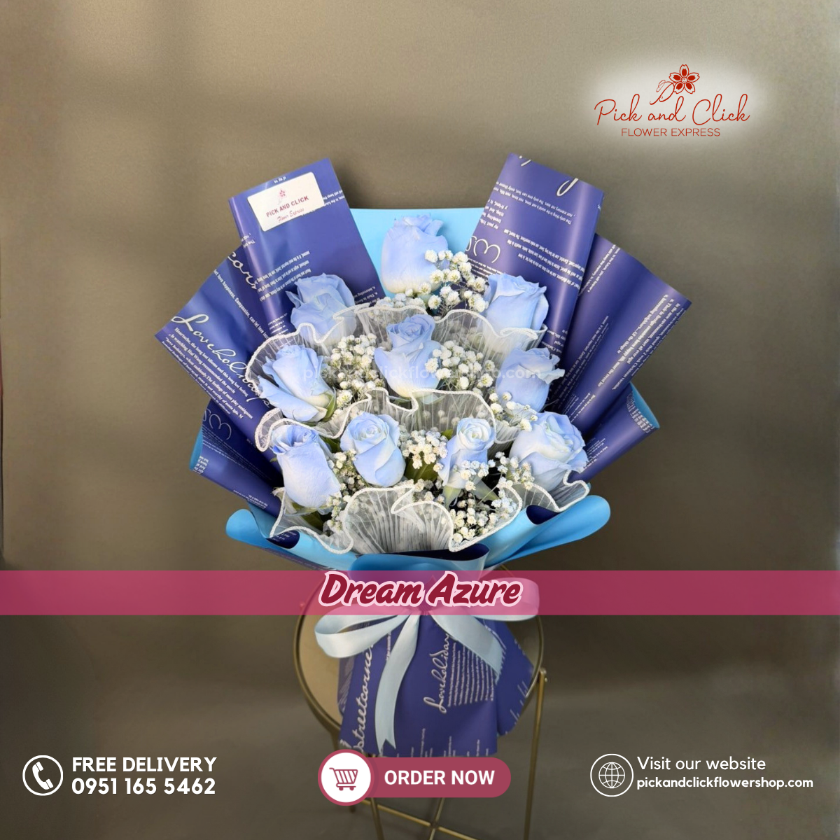 Dream Azure Bouquet featuring light blue sprayed imported white roses with delicate gypsophila, a soft and dreamy floral arrangement perfect for birthdays, anniversaries, and special occasions in the Philippines.