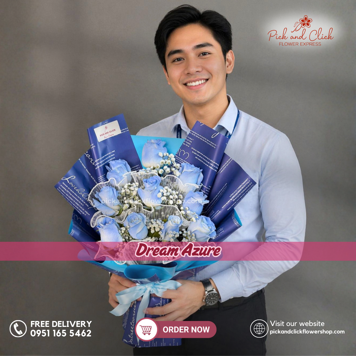 Dream Azure Bouquet featuring 10 light blue sprayed imported white roses accented with delicate gypsophila, arranged in an elegant floral design with soft blue and white tones, a unique and luxurious bouquet perfect for birthdays, anniversaries, celebrations, and special occasions in the Philippines.