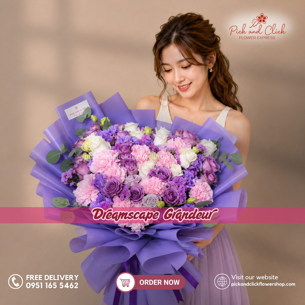 Dreamscape Grandeur Bouquet featuring Moody Blue roses, imported white roses, pink carnations, violet lisianthus, pink statice, and silver dollar leaves, arranged in an elegant floral design with moody blue, white, soft pink, and violet tones, a luxurious bouquet perfect for birthdays, anniversaries, celebrations, weddings, and special occasions in the Philippines.