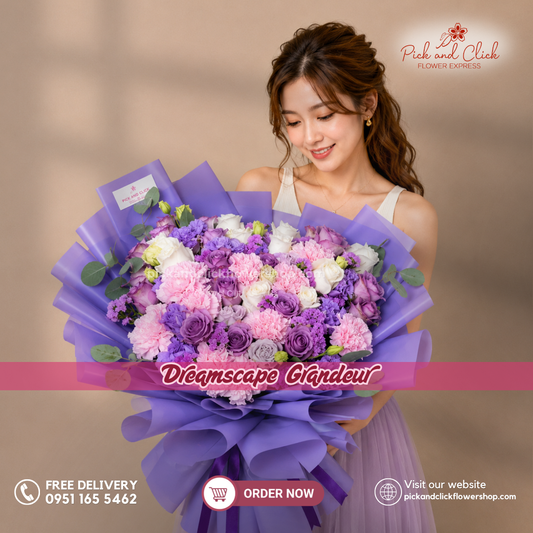 Dreamscape Grandeur Bouquet featuring Moody Blue roses, imported white roses, pink carnations, violet lisianthus, pink statice, and silver dollar leaves, arranged in an elegant floral design with moody blue, white, soft pink, and violet tones, a luxurious bouquet perfect for birthdays, anniversaries, celebrations, weddings, and special occasions in the Philippines.