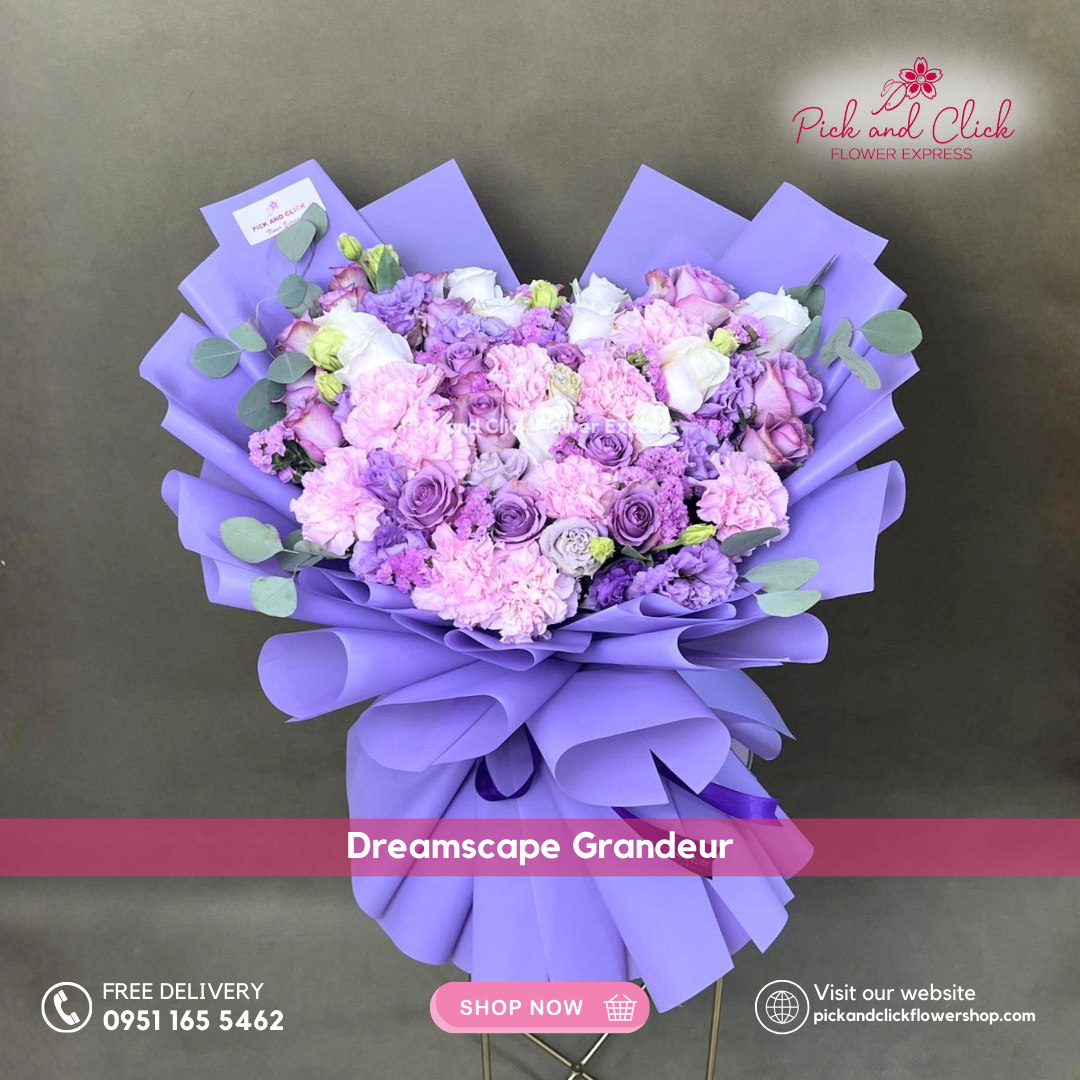 Dreamscape Grandeur Bouquet featuring moody blue roses, imported white roses, pink carnations, violet lisianthus, pink statice, and silver dollar leaves, a luxurious and artistic mixed floral arrangement perfect for grand celebrations, romantic gifts, and special occasions in the Philippines.