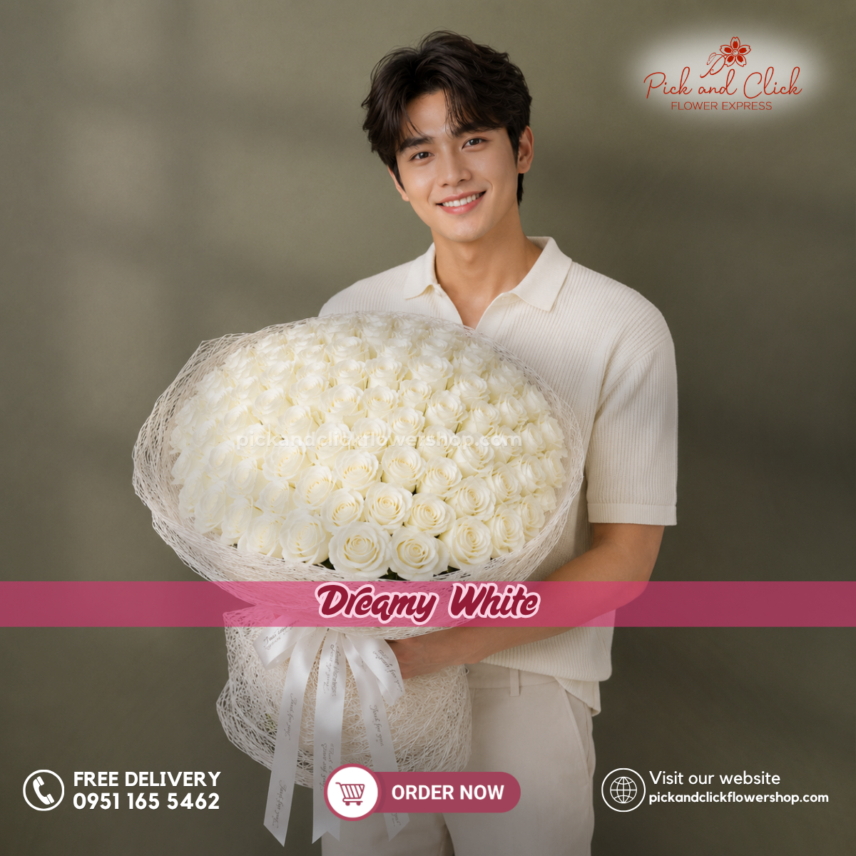 Dreamy White Bouquet featuring 100 imported white roses arranged in a luxurious floral design with a pure white color theme, an elegant statement bouquet perfect for weddings, anniversaries, proposals, sympathy, grand celebrations, and special occasions in the Philippines.