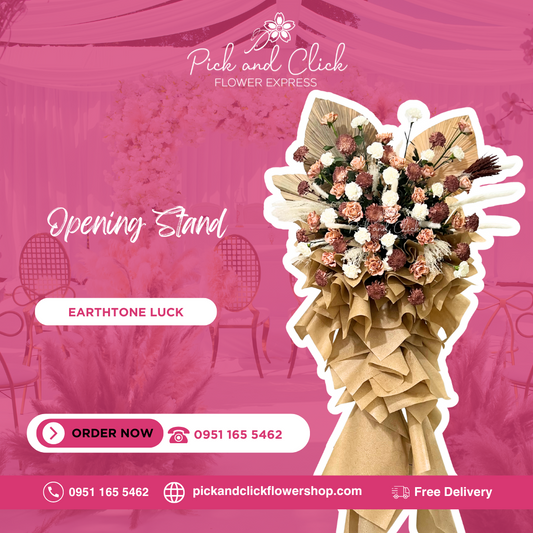 Earthtone Luck Opening Stand featuring toffee roses accented with dried flowers, a warm and earthy floral arrangement perfect for grand openings, business launches, and special events in the Philippines.
