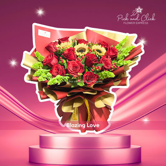 Bouquet with imported red rose, sunflower, berries, and Bells of Ireland in red and gold two-tone wrap