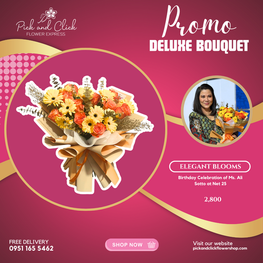 Elegant Blooms Bouquet featuring yellow gerbera and orange China roses arranged in a bright and cheerful floral design, a vibrant bouquet perfect for birthdays, celebrations, and special occasions in the Philippines.