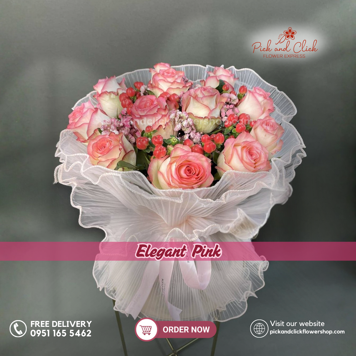 Elegant Pink Bouquet featuring two tone pink roses accented with pink sprayed gypsophila and decorative berries, arranged in a romantic floral design, a soft and luxurious bouquet perfect for birthdays, anniversaries, romantic gifts, and special occasions in the Philippines.