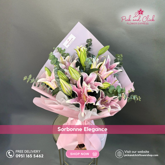 Sorbonne Elegance Bouquet featuring 7 stems of pink Sorbonne stargazer lilies accented with fresh eucalyptus, arranged in an elegant floral design, a graceful and luxurious bouquet perfect for birthdays, anniversaries, congratulations, and special occasions in the Philippines.