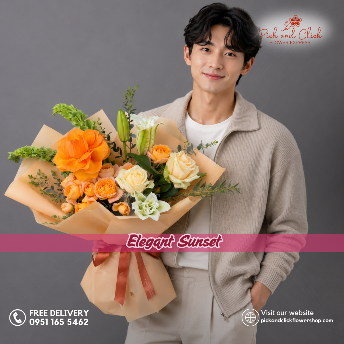 Elegant Sunset Bouquet featuring orange roses, peach roses, double petal white stargazer lilies, orange spray roses, parvi leaves, and Bells of Ireland (Shell), arranged in an elegant floral design with sunset orange, soft peach, and fresh green accents, a vibrant and luxurious bouquet perfect for birthdays, anniversaries, congratulations, and special occasions in the Philippines.