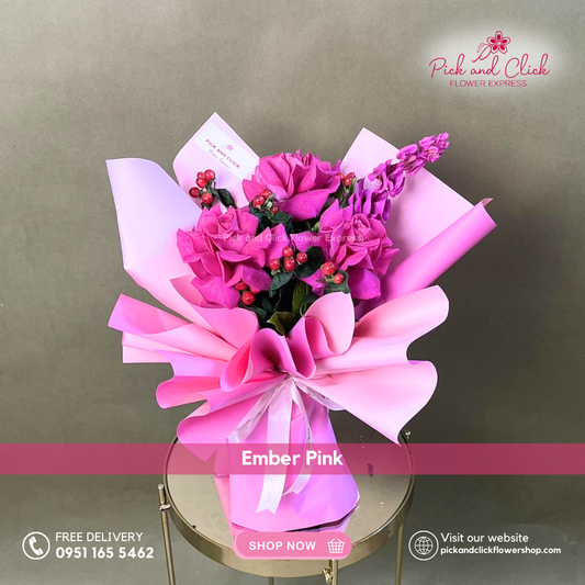 Mini bouquet (46×40cm) featuring fuchsia pink roses, berries, and pink-sprayed Bells of Ireland in Korean-style premium wrapping — elegant and vibrant arrangement for luxury gifting.