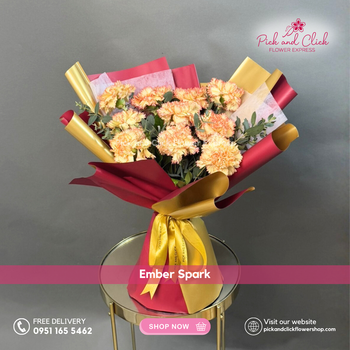 Ember Spark Bouquet featuring two tone yellow and orange carnations accented with fresh parvi leaves, arranged in a vibrant and cheerful floral design, a bright bouquet perfect for birthdays, congratulations, celebrations, and special occasions in the Philippines.
