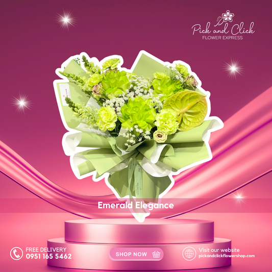Imported green roses, carnations, anthurium, snapdragons, lisianthus, and Queen Anne’s Lace bouquet in green-white wrap