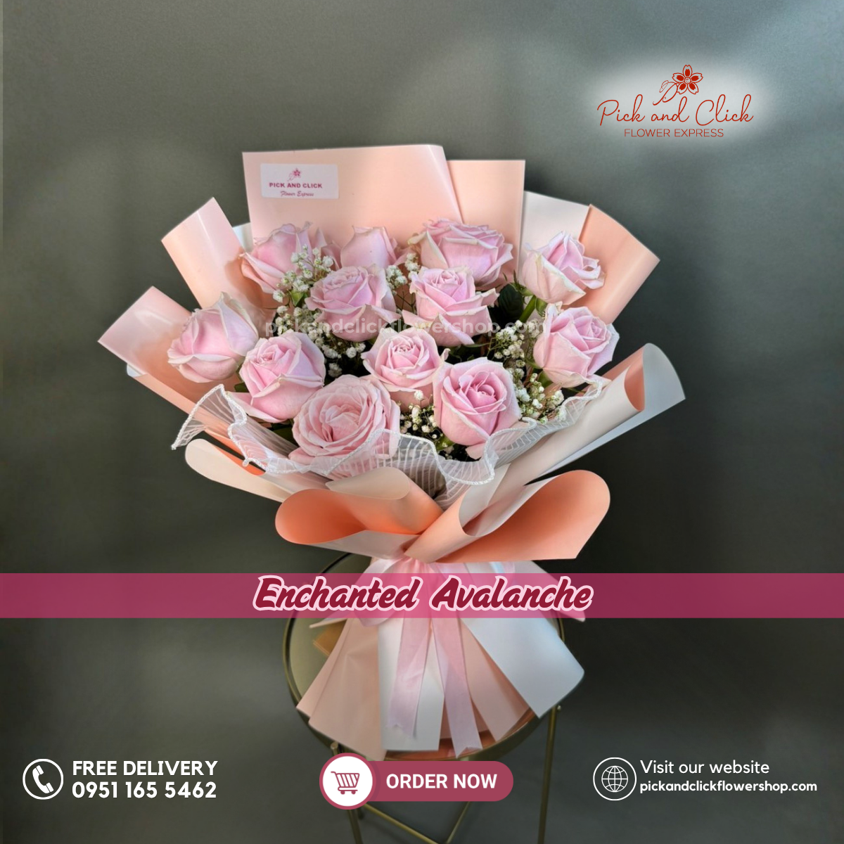 Enchanted Avalanche bouquet featuring Light Pink Avalanche roses with gypsophila in a luxurious elegant floral arrangement.