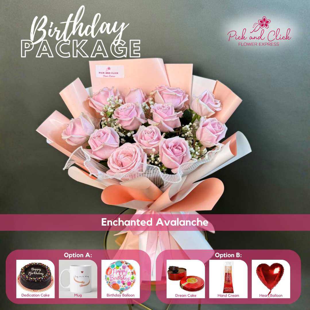 Enchanted Avalanche Birthday Package featuring 12 light pink Avalanche roses with gypsophila, paired with your choice of a Dedication Round Cake or Dream Cake, mug, hand cream, and balloon gift set.