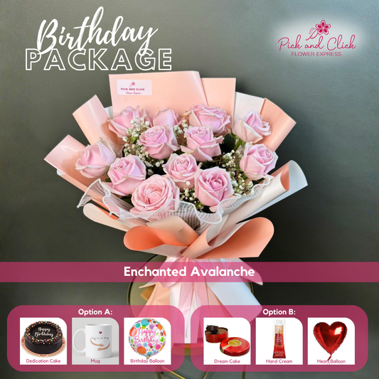 Enchanted Avalanche Birthday Package featuring 12 light pink Avalanche roses with gypsophila, paired with your choice of a Dedication Round Cake or Dream Cake, mug, hand cream, and balloon gift set.