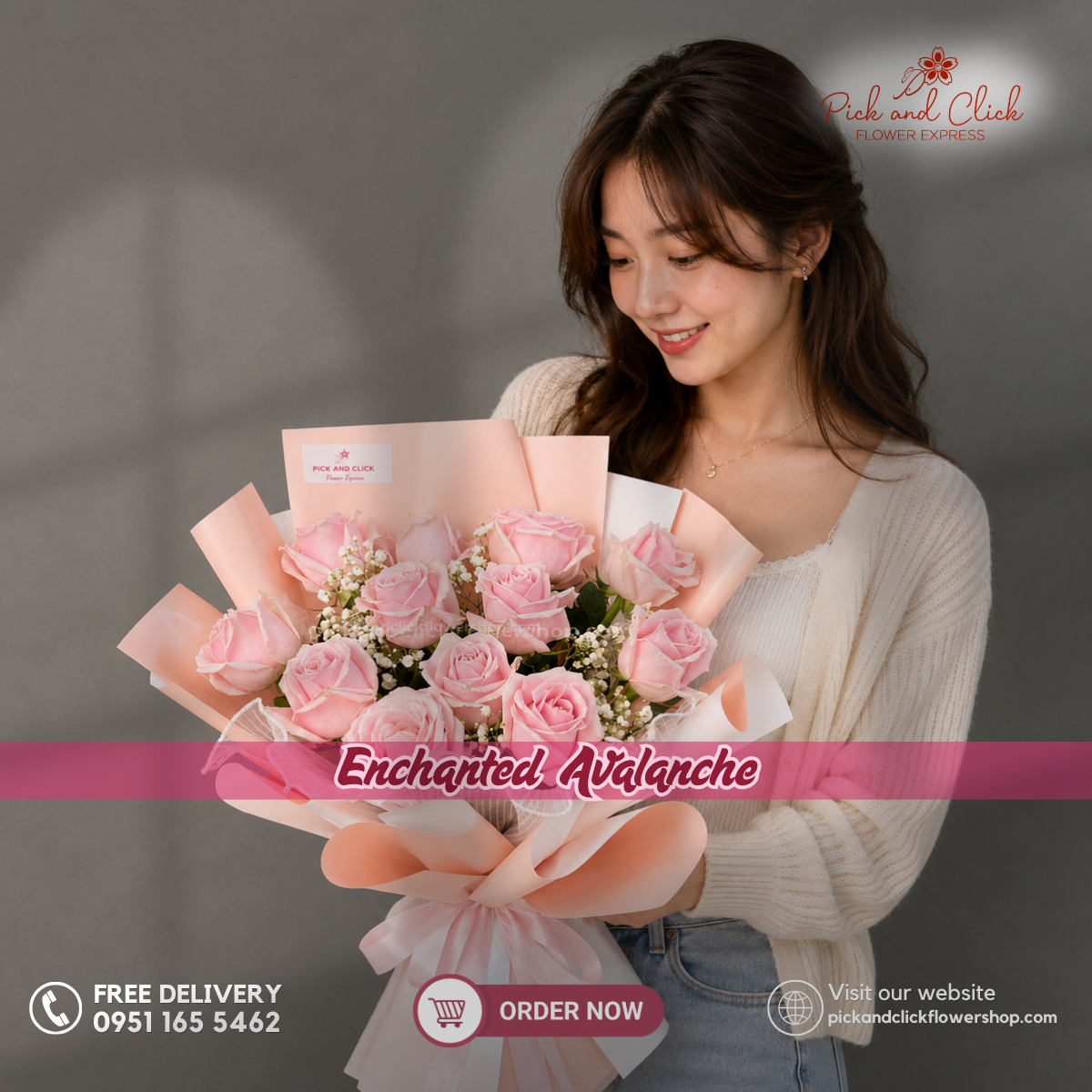 Enchanted Avalanche Bouquet featuring 12 light pink Avalanche roses accented with delicate gypsophila, arranged in an elegant floral design with soft blush pink and white accents, a luxurious bouquet perfect for birthdays, anniversaries, romantic gifts, weddings, and special occasions in the Philippines.