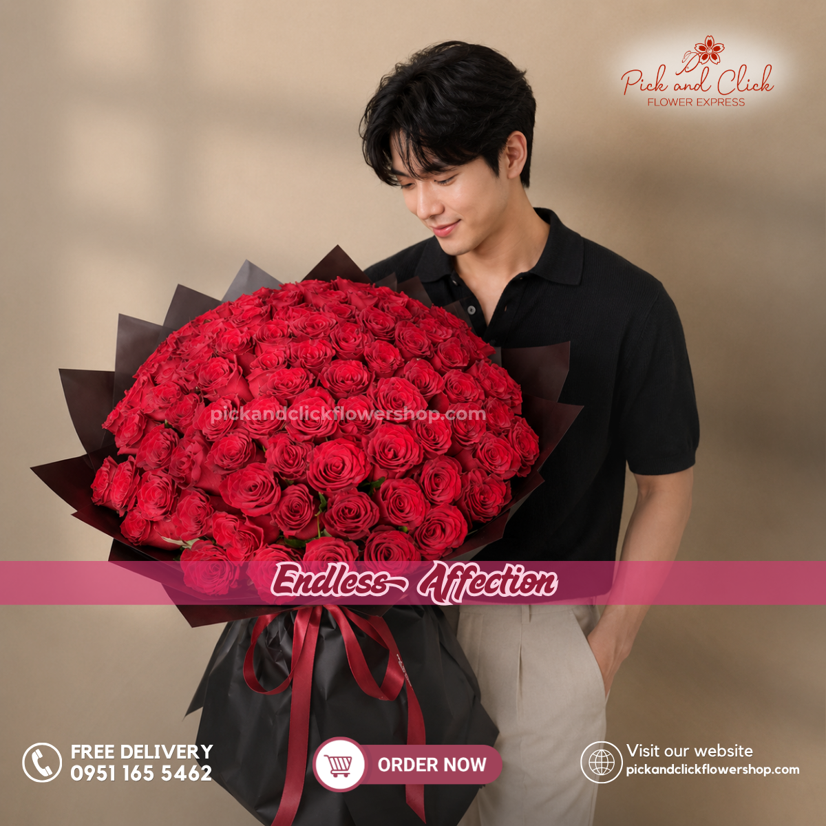 Endless Affection Bouquet featuring 100 premium imported red roses (Ecuadorian or Colombian grade) arranged in a luxurious floral design with a classic romantic red color theme, an extraordinary statement bouquet perfect for proposals, anniversaries, Valentine's Day, grand romantic gestures, and special occasions in the Philippines.
