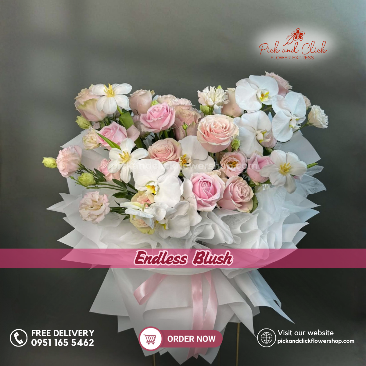 Endless Blush bouquet featuring Pink Ecuadorian roses, Light Pink Avalanche roses, White Tulips, Pink Tulips, and Phalaenopsis Orchids in a luxurious floral arrangement.