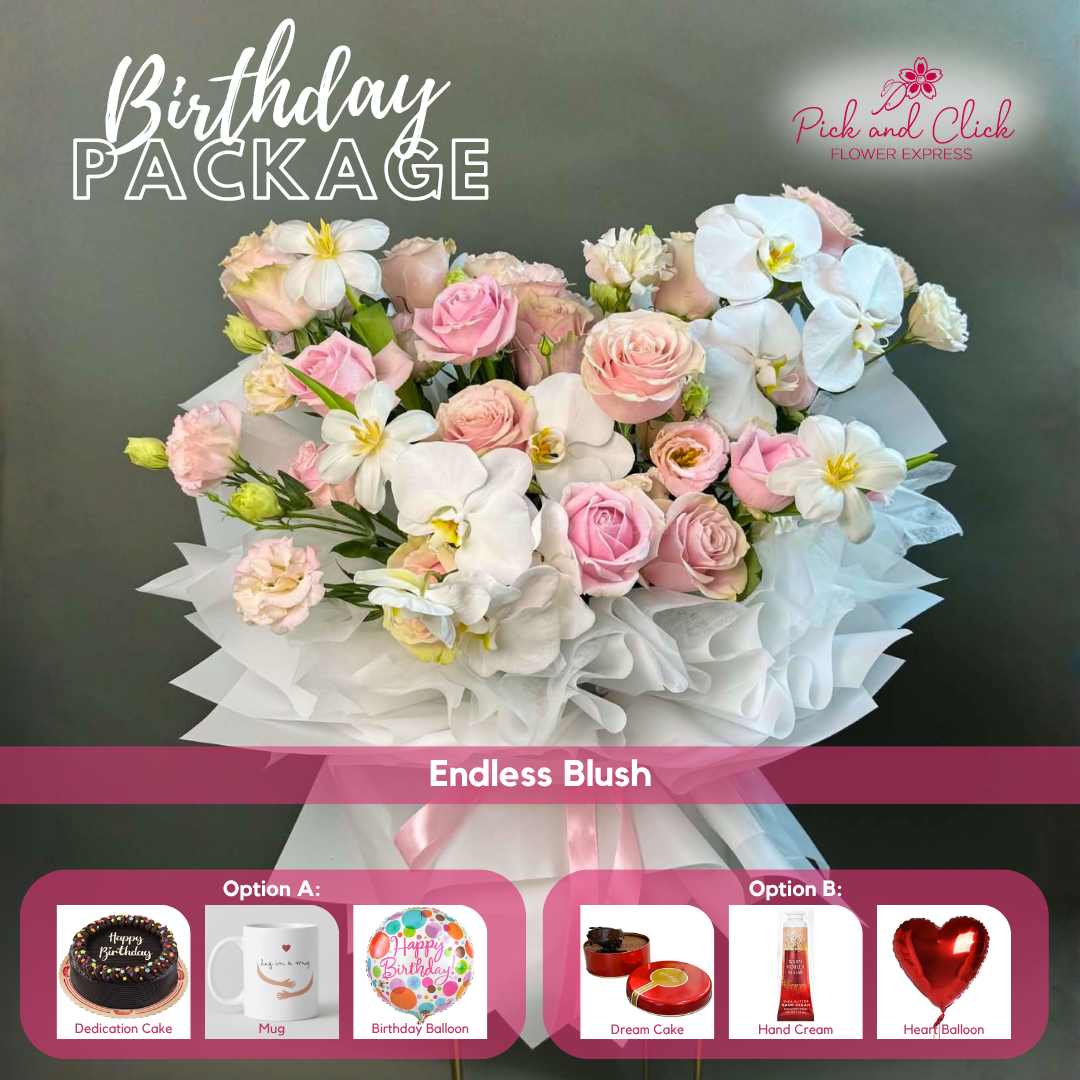 Endless Blush Birthday Package featuring Light Pink Avalanche roses, White Tulips, Phalaenopsis Orchids, and Pink Lisianthus with your choice of birthday gift add-ons.