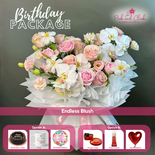 Endless Blush Birthday Package featuring Light Pink Avalanche roses, White Tulips, Phalaenopsis Orchids, and Pink Lisianthus with your choice of birthday gift add-ons.