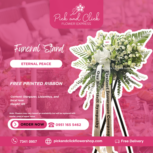 Funeral stand with white rose, lisianthus, stargazer, eucalyptus, and palmera leaves