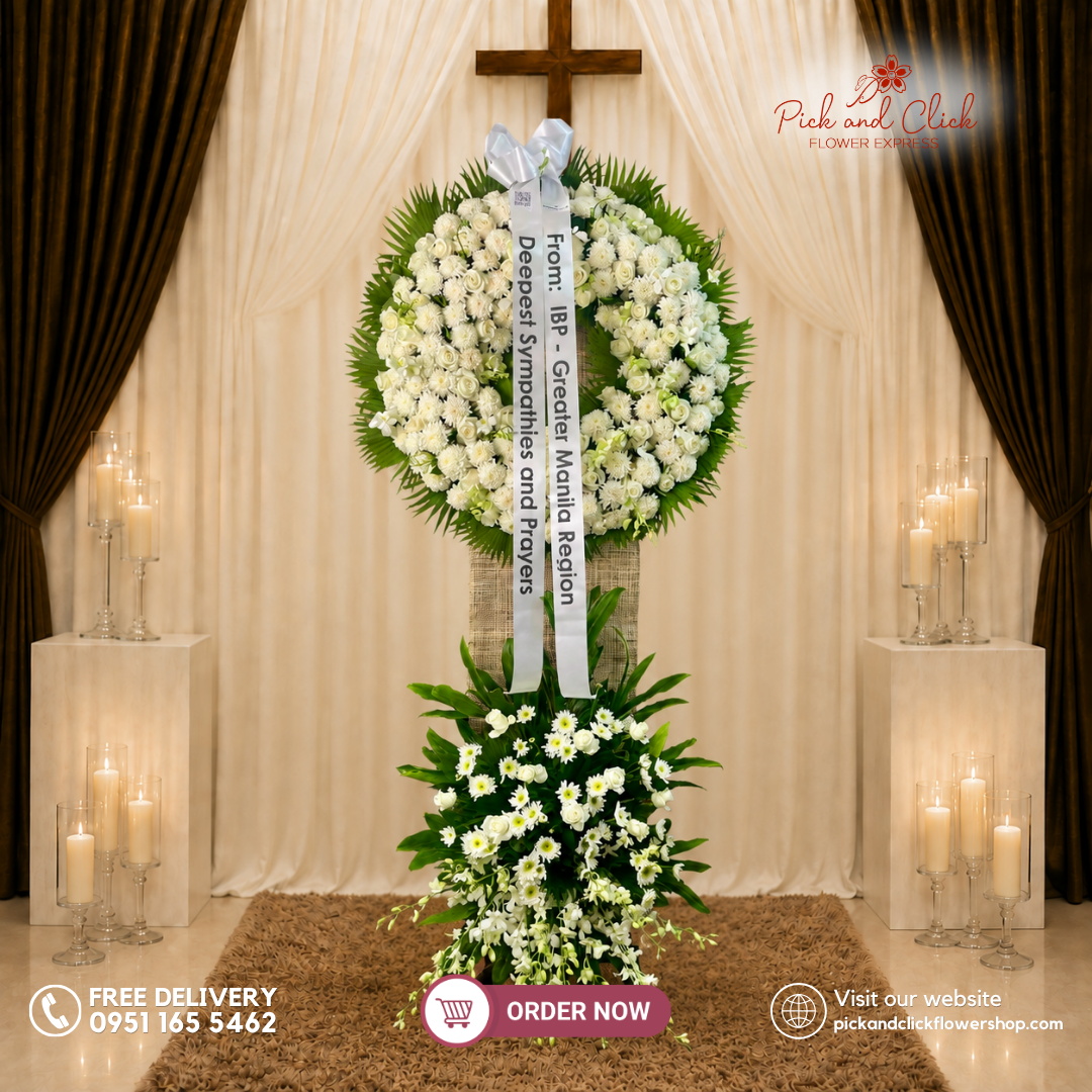 Eternal 2 Funeral Stand featuring Imported White Roses, Wonder White Chrysanthemums, Orchids, Radus, Anahaw, and Greenline Leaves in a dignified white and green funeral floral arrangement in the Philippines.