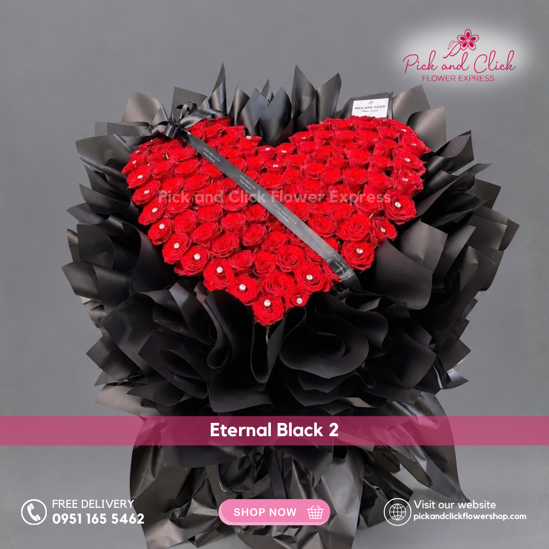 Eternal Black 2 Big Bouquet featuring 100 Imported Red Roses arranged in a dramatic heart-shaped bouquet with luxurious black wrapping in the Philippines.