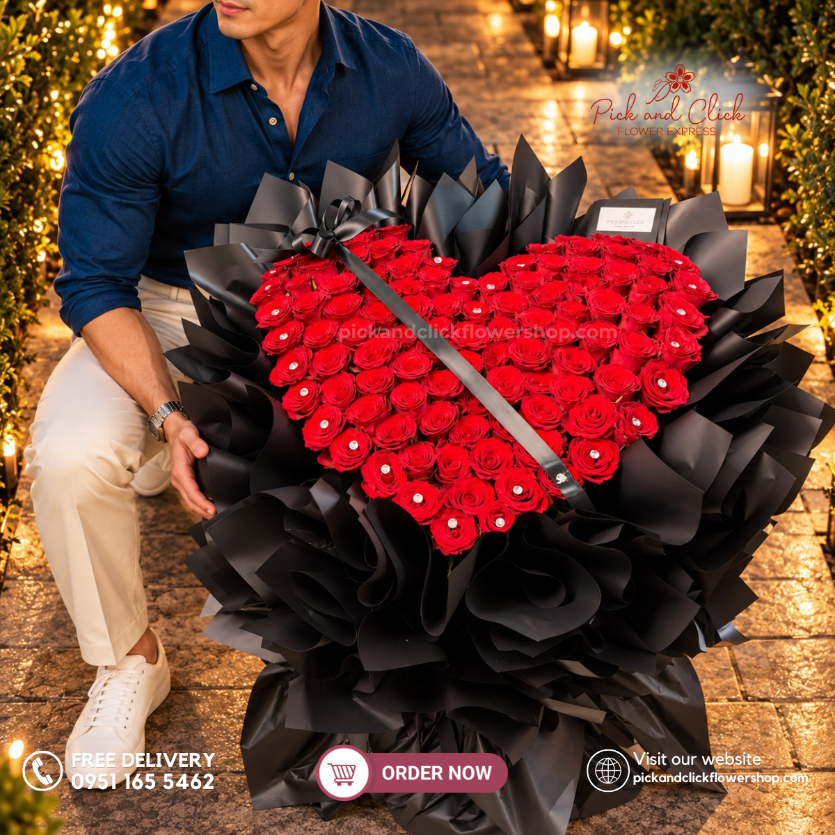 Eternal Black 2 Big Bouquet featuring 100 Imported Red Roses arranged in a dramatic heart-shaped bouquet with luxurious black wrapping in the Philippines.