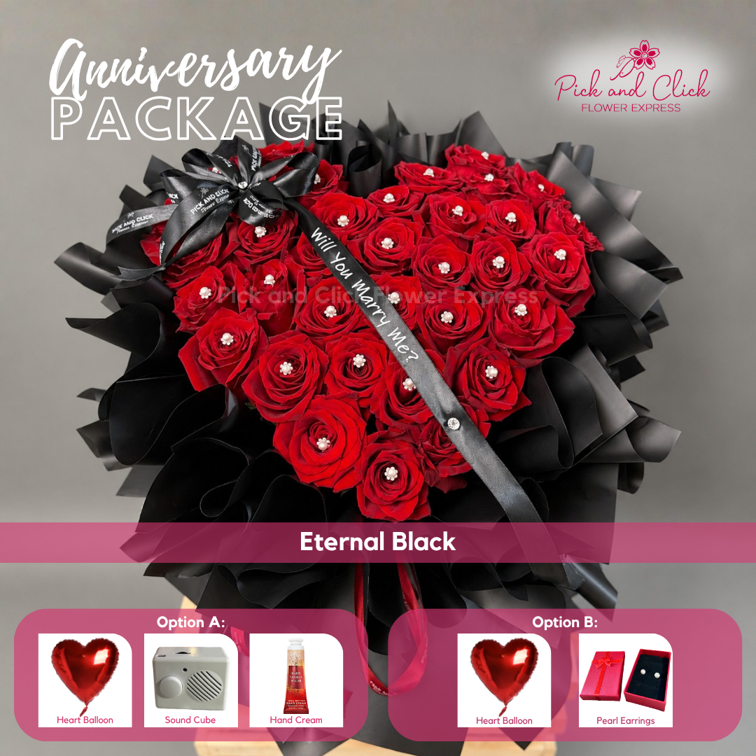 Eternal Black Premium Anniversary Package featuring 35 Imported Red Roses with a choice of Heart Balloon, Sound Cube, Hand Cream, or Pearl Earrings in the Philippines.