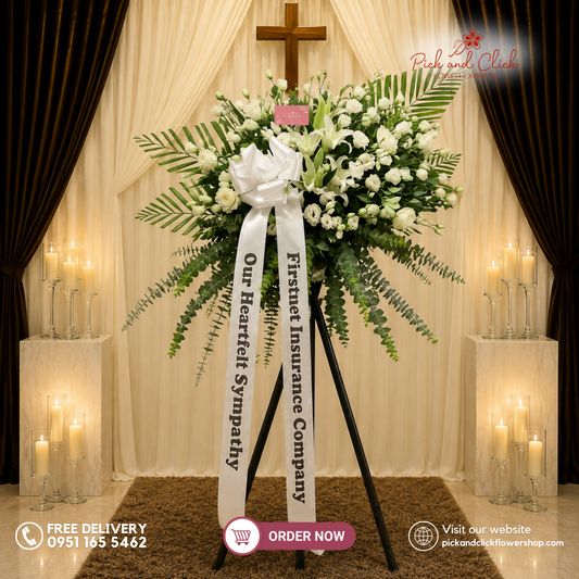 Eternal Peace Funeral Stand featuring Imported White Roses, White Stargazers, White Lisianthus, Palmera, and Eucalyptus in an elegant white and green funeral flower arrangement for sympathy, memorial services, wakes, and condolence tributes in Metro Manila, Philippines.