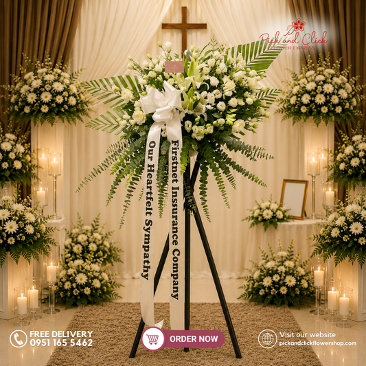 Eternal Peace Funeral Stand featuring Imported White Roses, White Stargazers, White Lisianthus, Palmera, and Eucalyptus in an elegant white and green funeral flower arrangement for sympathy, memorial services, wakes, and condolence tributes in Metro Manila, Philippines.