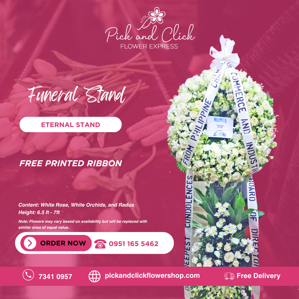 Eternal Stand Funeral Stand featuring white roses, white orchids, and radus, a serene and elegant all white sympathy floral arrangement designed as a respectful tribute for funerals and memorial services in the Philippines.