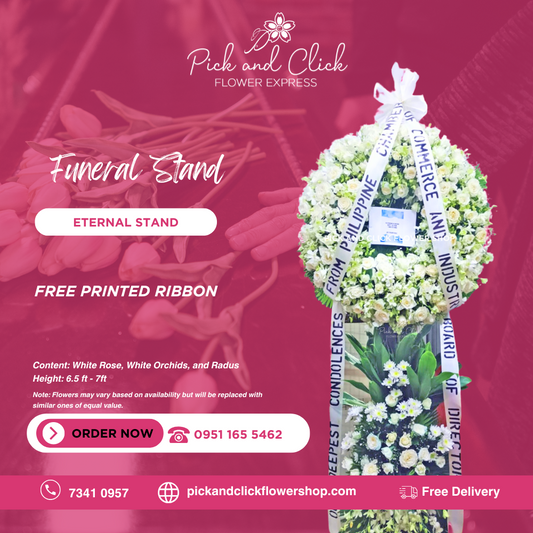 Eternal Stand Funeral Stand featuring white roses, white orchids, and radus, a serene and elegant all white sympathy floral arrangement designed as a respectful tribute for funerals and memorial services in the Philippines.