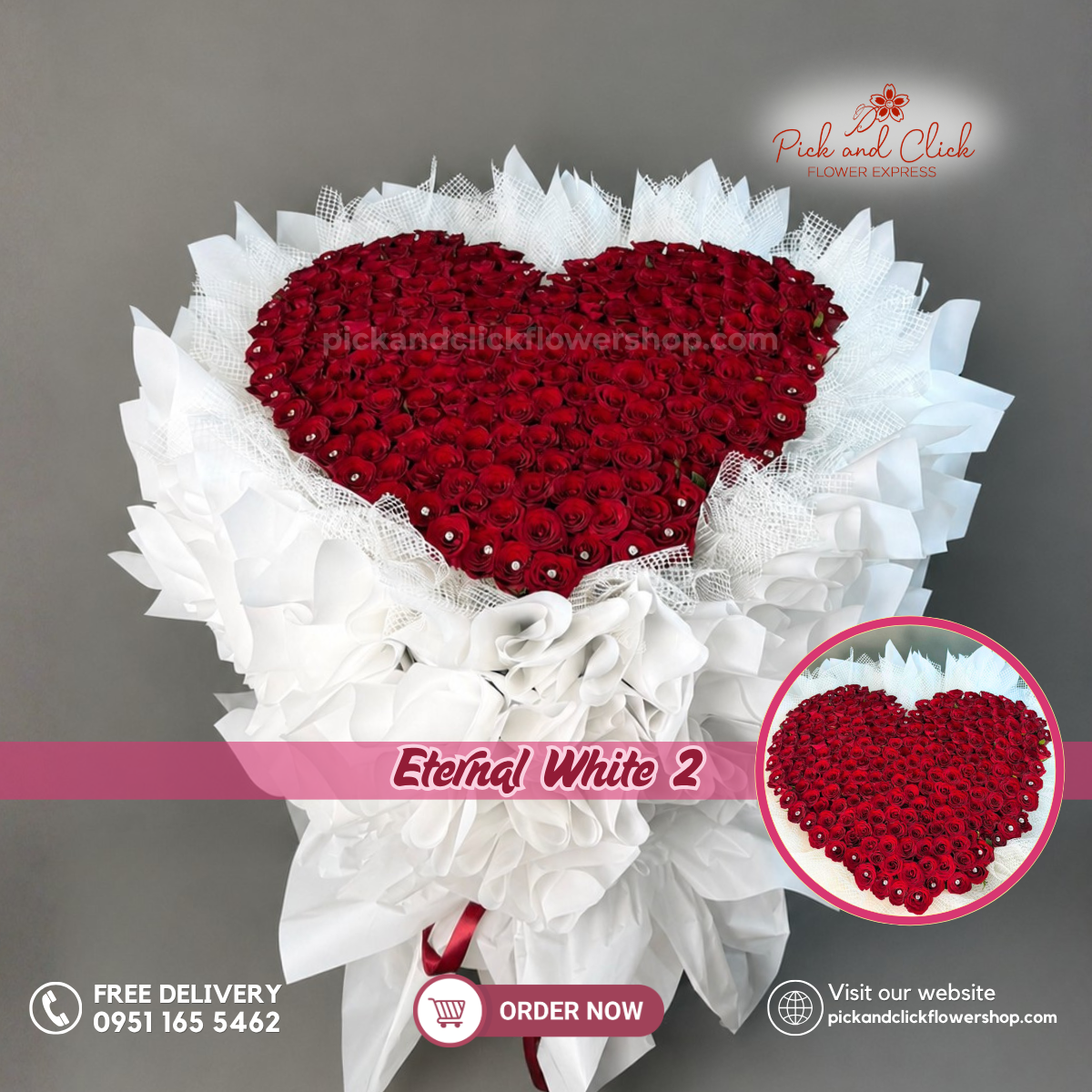 Eternal White 2 Big Bouquet featuring 200 Imported Red Roses in a 3-foot-tall grand and luxurious red rose bouquet in the Philippines.