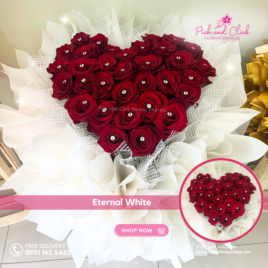 Eternal White Bouquet featuring premium Ecuadorian roses arranged in a luxurious and elegant floral design, a timeless bouquet perfect for weddings, sympathy, anniversaries, and special occasions in the Philippines.