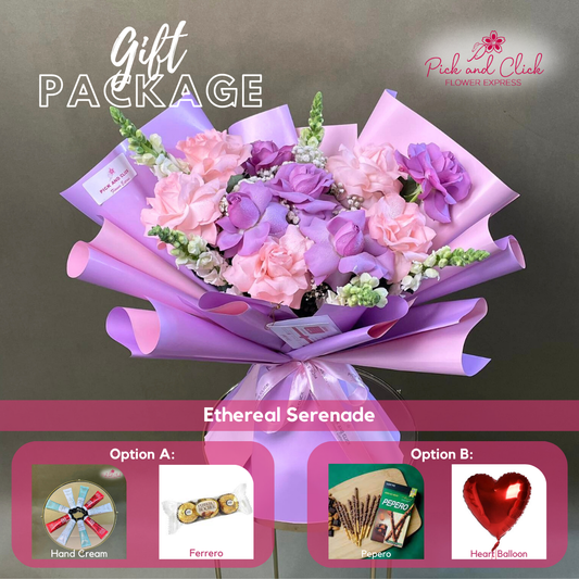 Ethereal Serenade bouquet featuring moody blues, imported light pink roses, and snapdragons arranged in an elegant gift package with optional add ons.