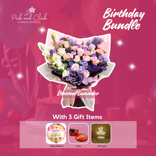 Bouquet of imported light pink roses, pink carnations, purple lisianthus, and azucena — a graceful and romantic floral gift