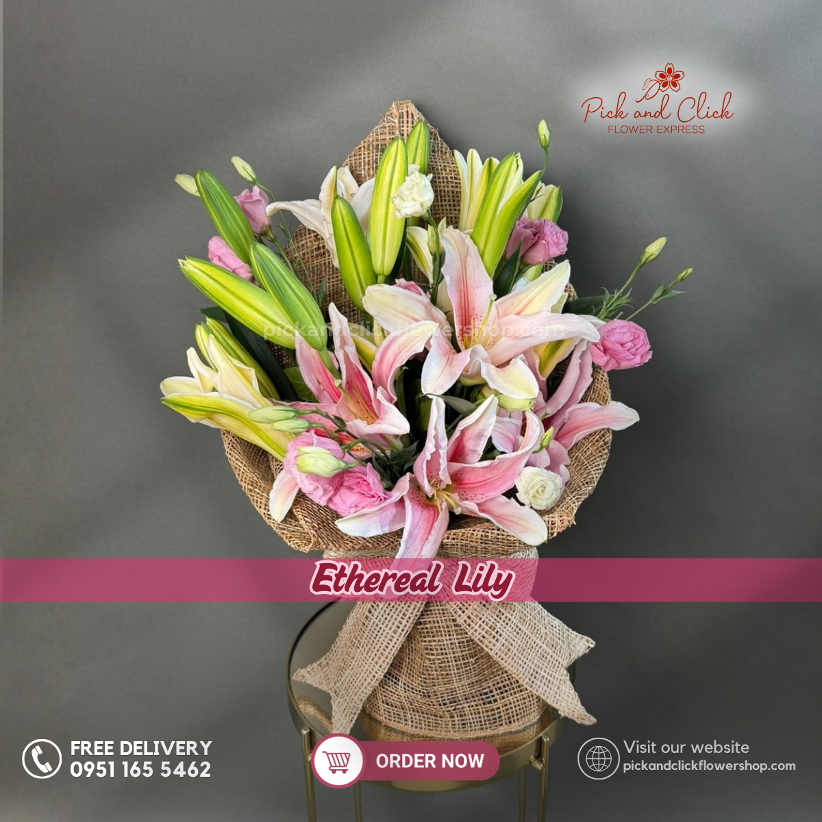 Ethereal Lily Bouquet featuring 5 pink Sorbonne stargazer lilies and pink lisianthus arranged in an elegant floral design, a graceful and luxurious bouquet perfect for birthdays, anniversaries, congratulations, and special occasions in the Philippines.