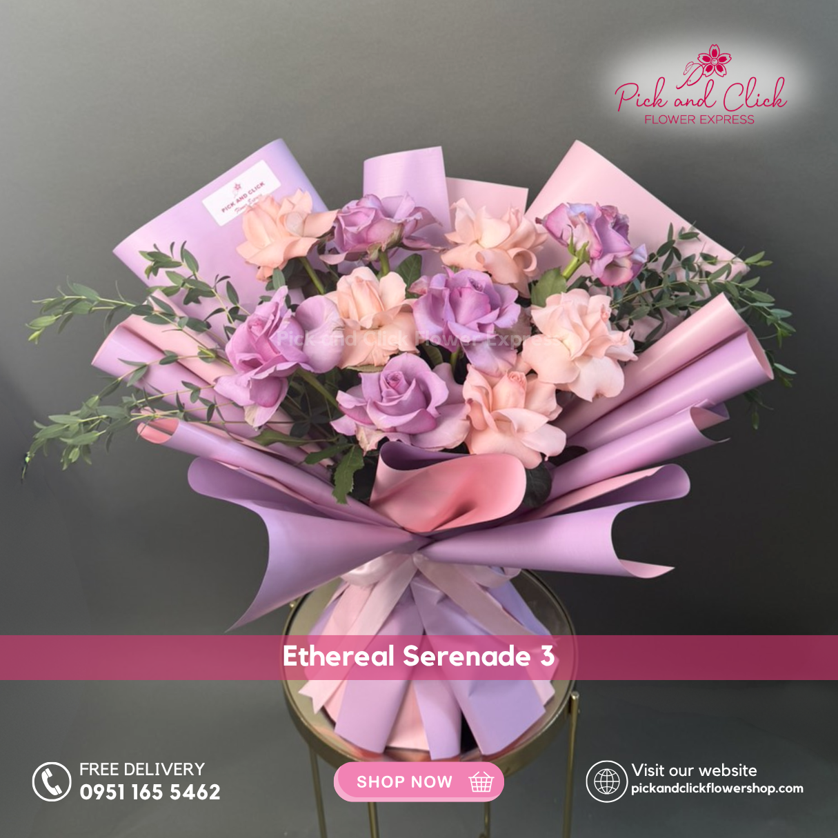 Ethereal Serenade 3 Bouquet featuring pink roses, purple roses, and fresh parvi leaves arranged in an elegant floral design, a romantic and luxurious bouquet perfect for birthdays, anniversaries, celebrations, and special occasions in the Philippines.
