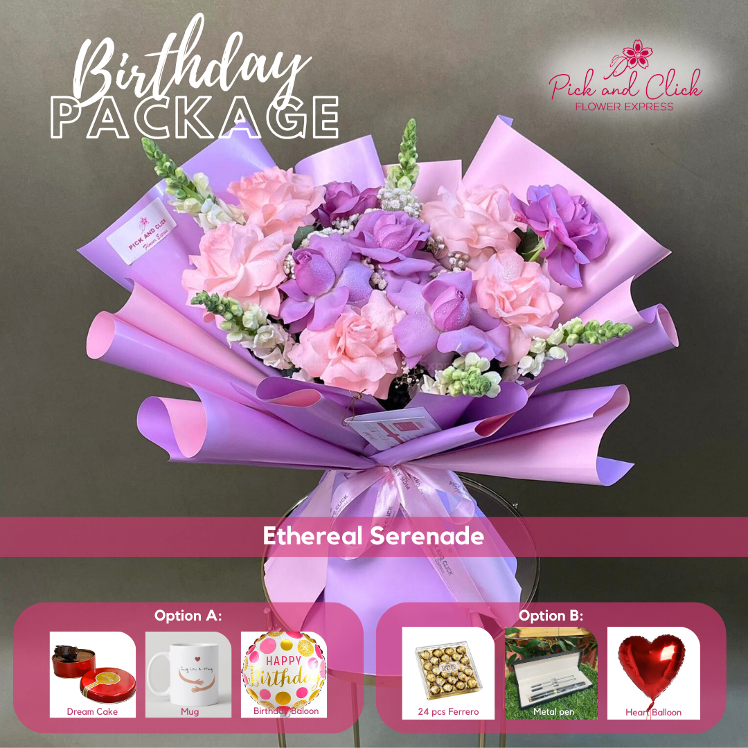 Ethereal Serenade bouquet featuring moody blues, imported light pink roses, and snapdragons arranged in a birthday gift package with optional add ons.