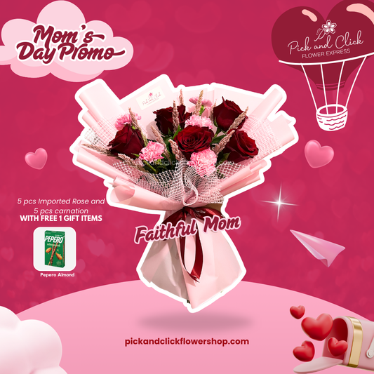 Bouquet of red rose, carnation, and dried flowers in pink wrap and net with a freebie — a tender gift for a faithful mom