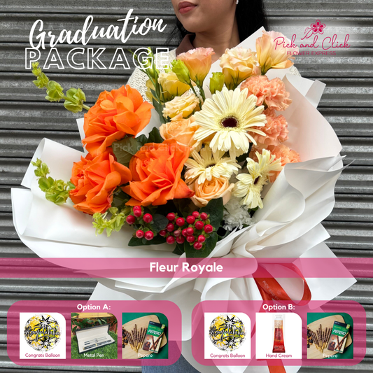 Fleur Royale Grad Pack featuring orange roses, peach roses, white gerberas, champagne carnations, peach lisianthus, Bells of Ireland, decorative berries, and dried white hydrangea, arranged with graduation gift add ons, a luxurious and elegant floral arrangement perfect for graduation ceremonies, achievements, and memorable celebrations in the Philippines.