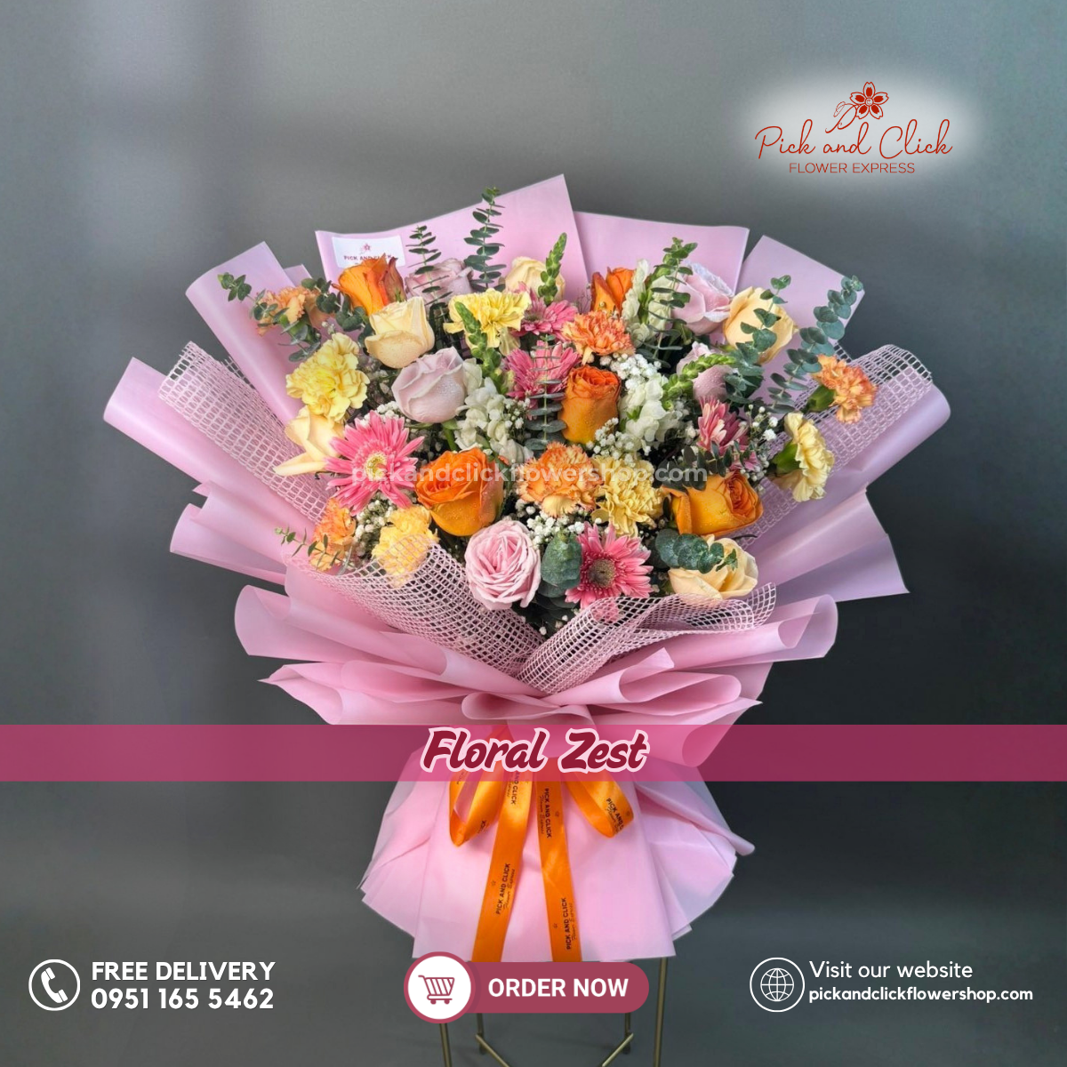 Floral Zest Bouquet featuring orange, peach, and light pink roses, carnations, pink gerberas, snapdragons, gypsophila, and eucalyptus in a vibrant floral arrangement.