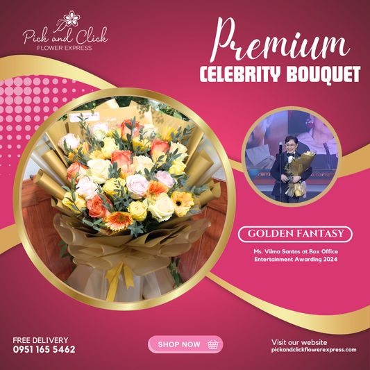 Imported China roses, gerbera, and parvy leaves in gold wrap bouquet — elegant and radiant floral arrangement